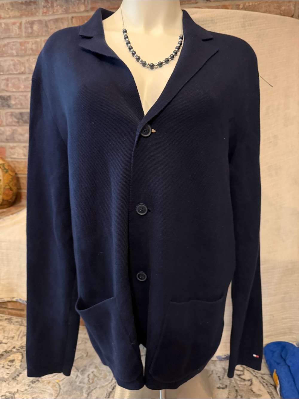 Tommy Hilfiger Men’s Navy Knit Blazer Cardigan 3 Button Patch Pockets